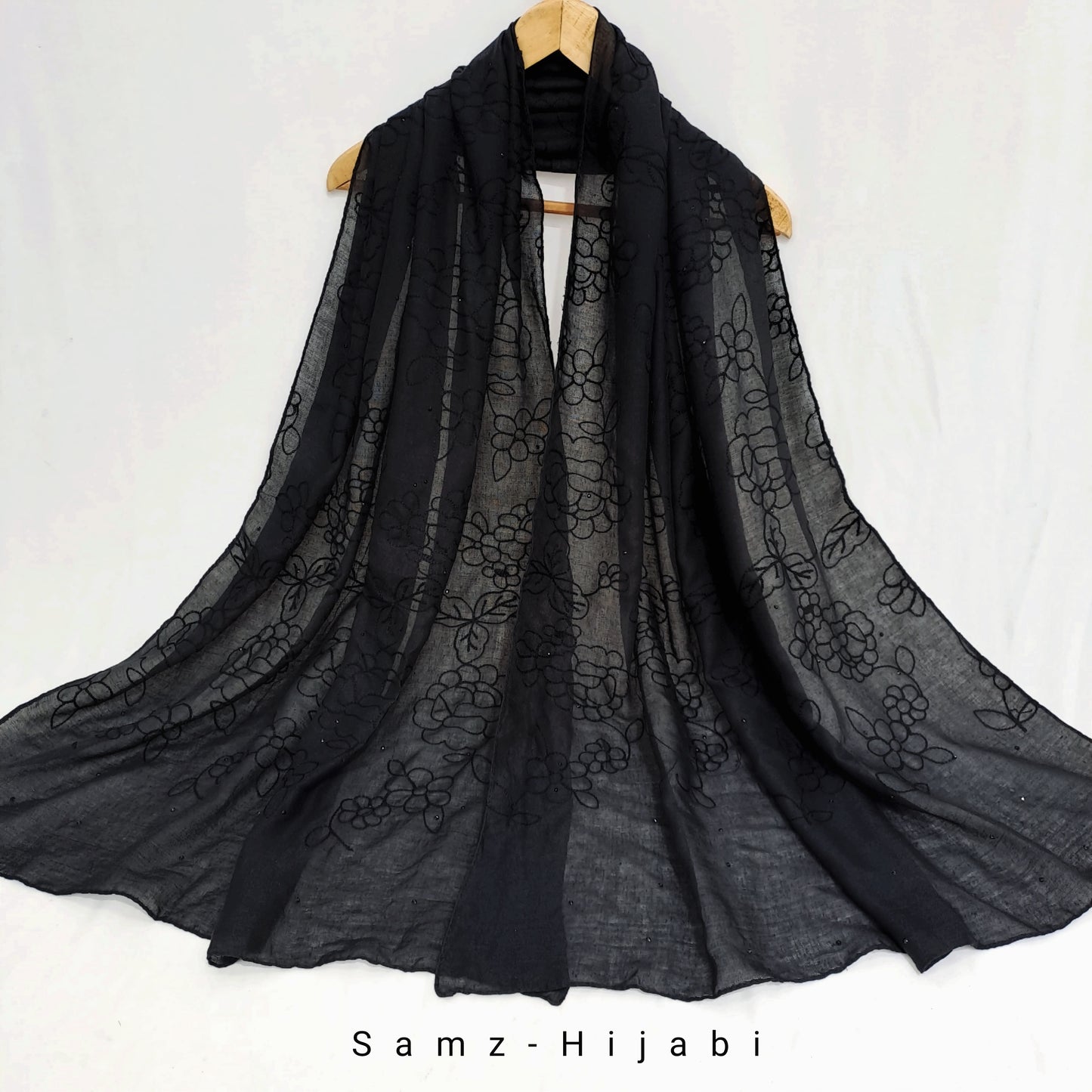 Self Flora Embroidered Hijab- Black