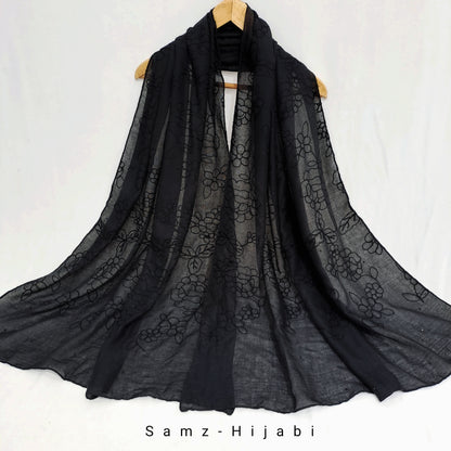 Self Flora Embroidered Hijab- Black