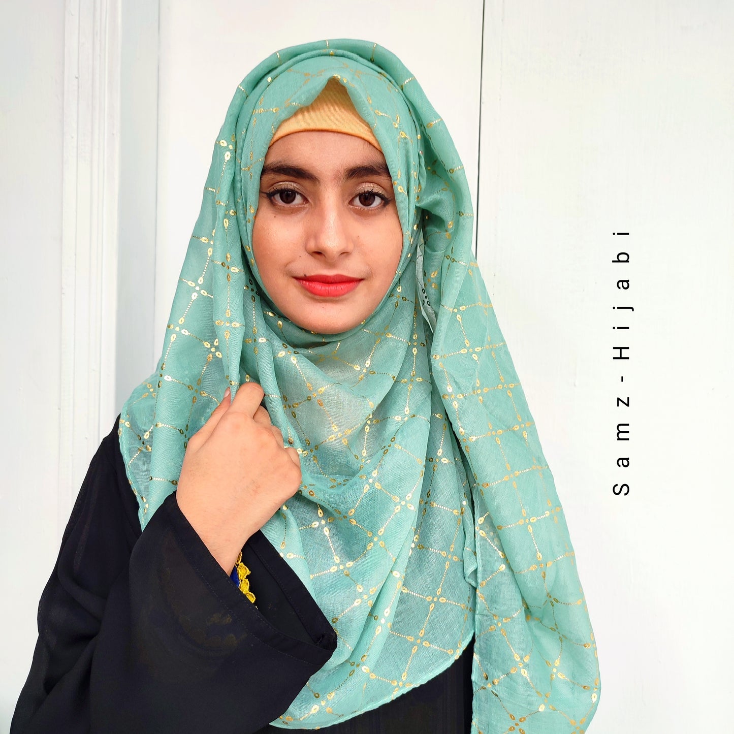 Lux Gold Foil Lawn Hijab-Turqoise