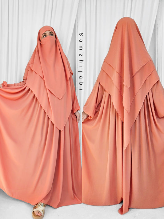 Three Layer Khimar Abaya Set-Peach