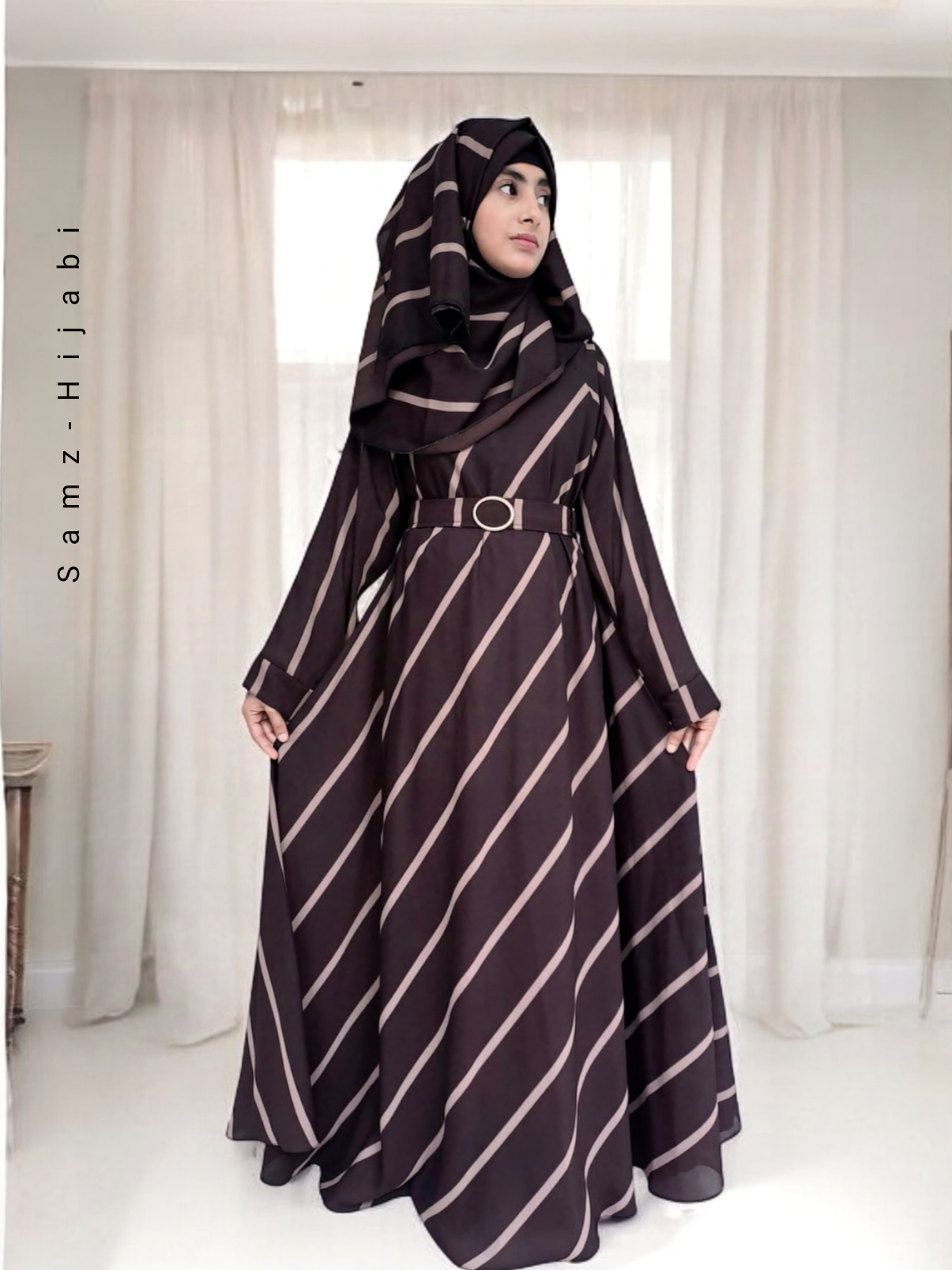 Diagonal Line Umbrella Flyer Abaya-Chocolate Brown