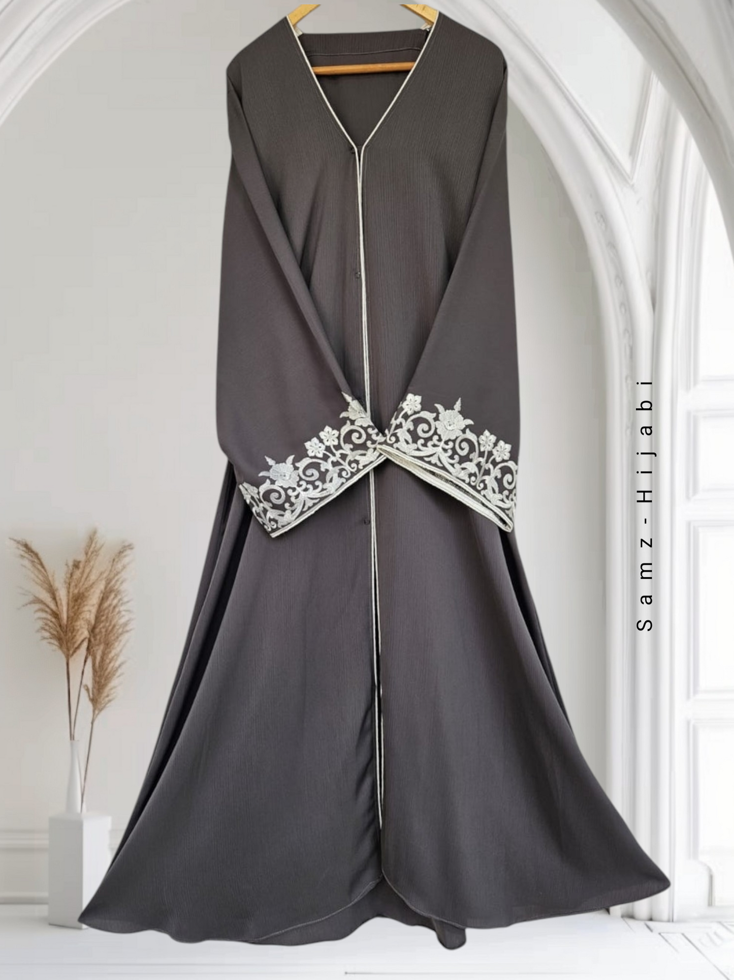 Embroidered Sleeves Abaya-Dark Grey
