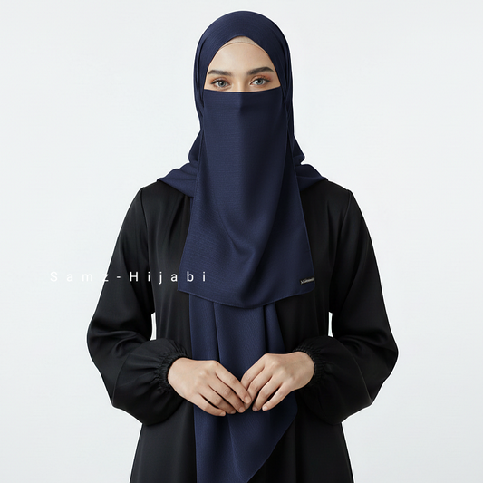 Crinkle Silk Hijab Naqab Set- Navy blue