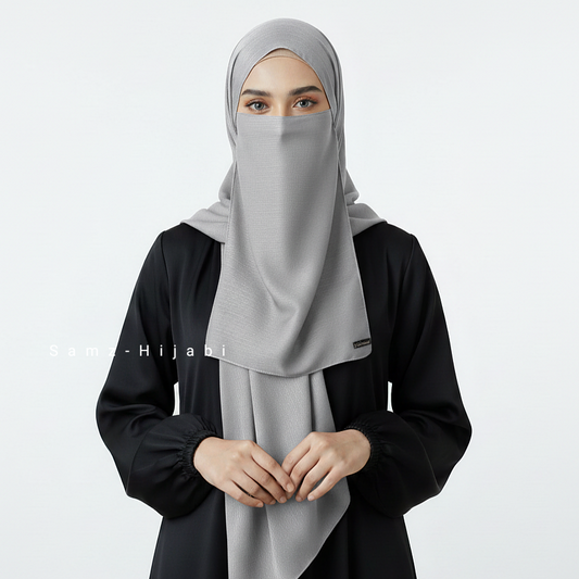 Crinkle Silk Hijab Naqab Set- Silver