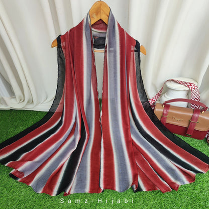 Multi Striped Morrocon Lawn Hijab _ Maroon Gray