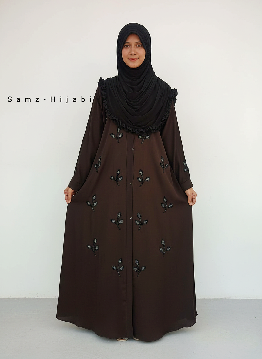 Stone Beads Work Abaya Set-Brown