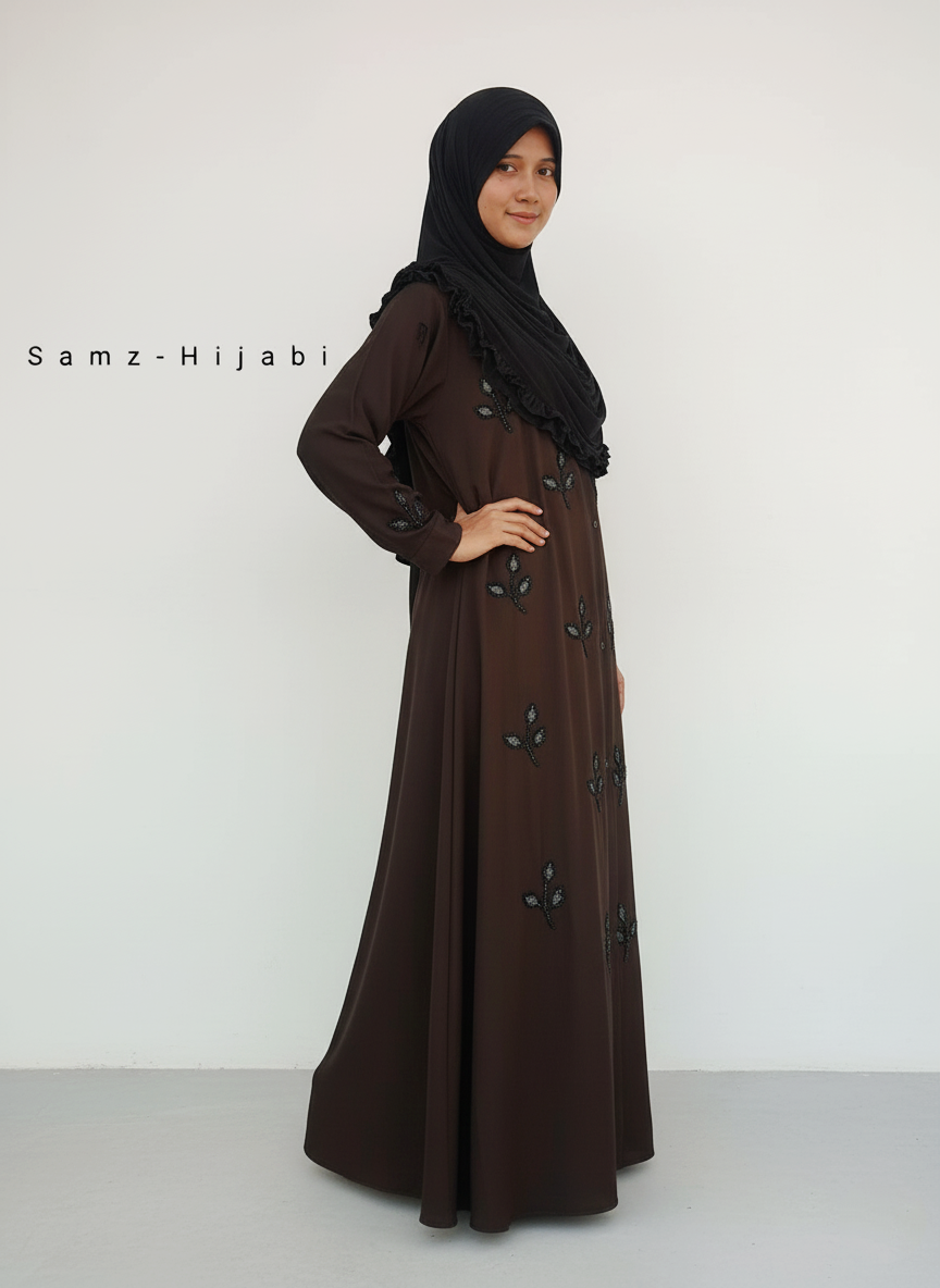 Stone Beads Work Abaya Set-Brown