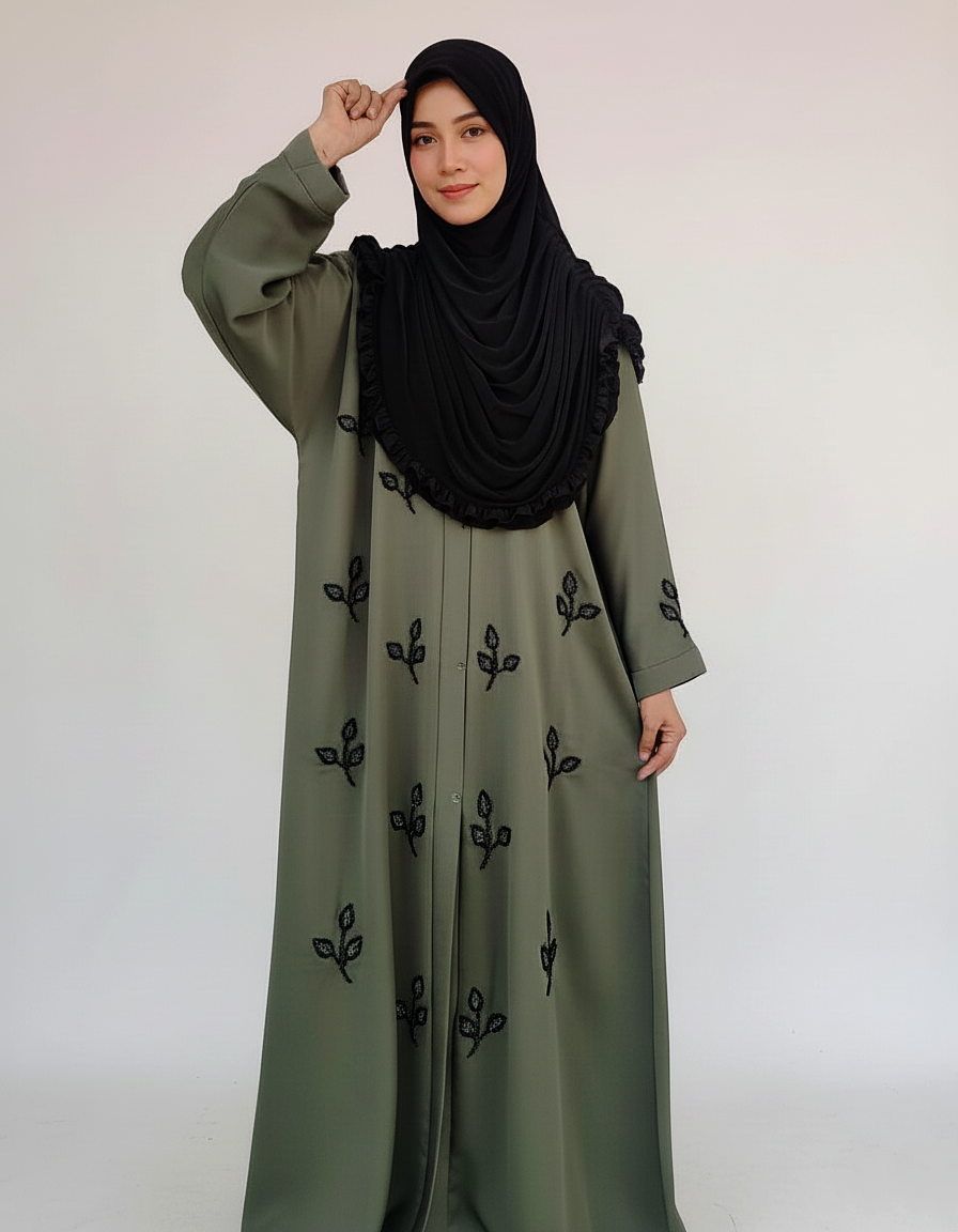 Stone Beads Work Abaya Set_ Pistachio