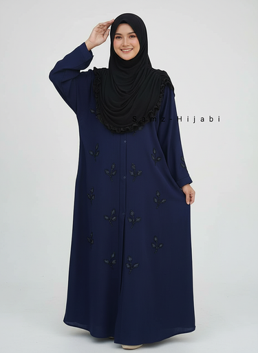 Stone Beads Work Abaya Set_ Navy Blue