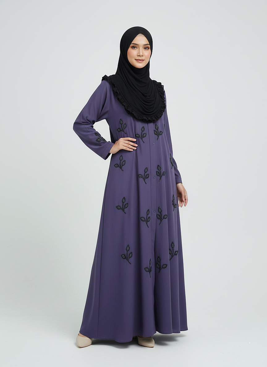 Stone Beads Work Abaya Set- Ink Blue