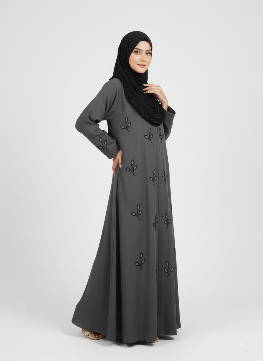 Stone Beads Work Abaya Set_ Dark Grey