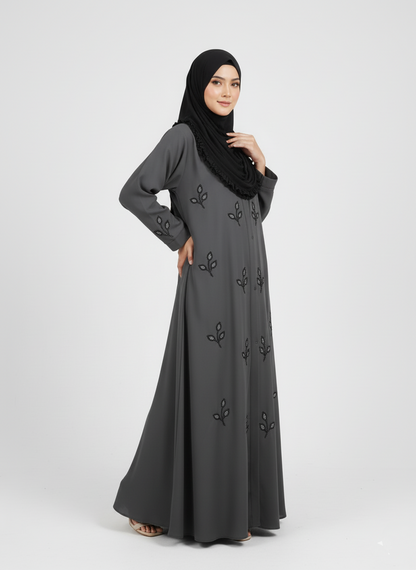 Stone Beads Work Abaya Set_ Dark Grey