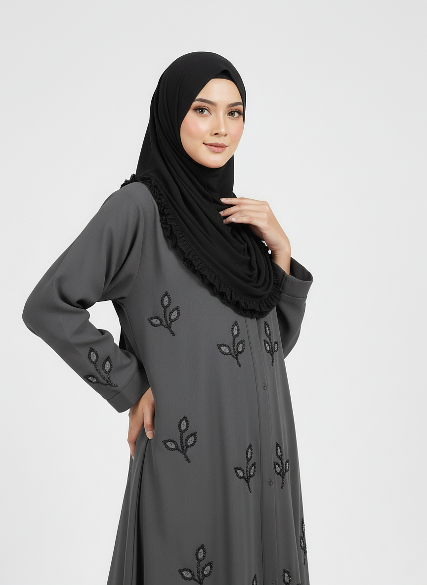Stone Beads Work Abaya Set_ Dark Grey