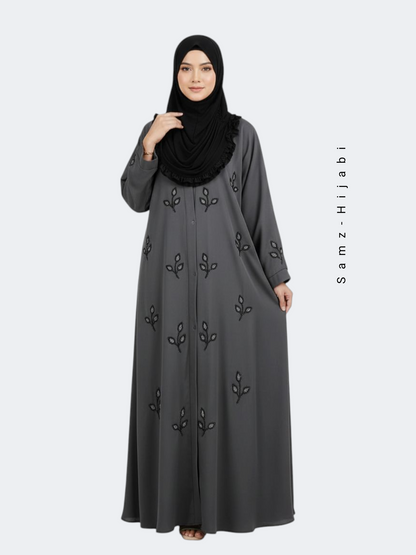 Stone Beads Work Abaya Set_ Dark Grey