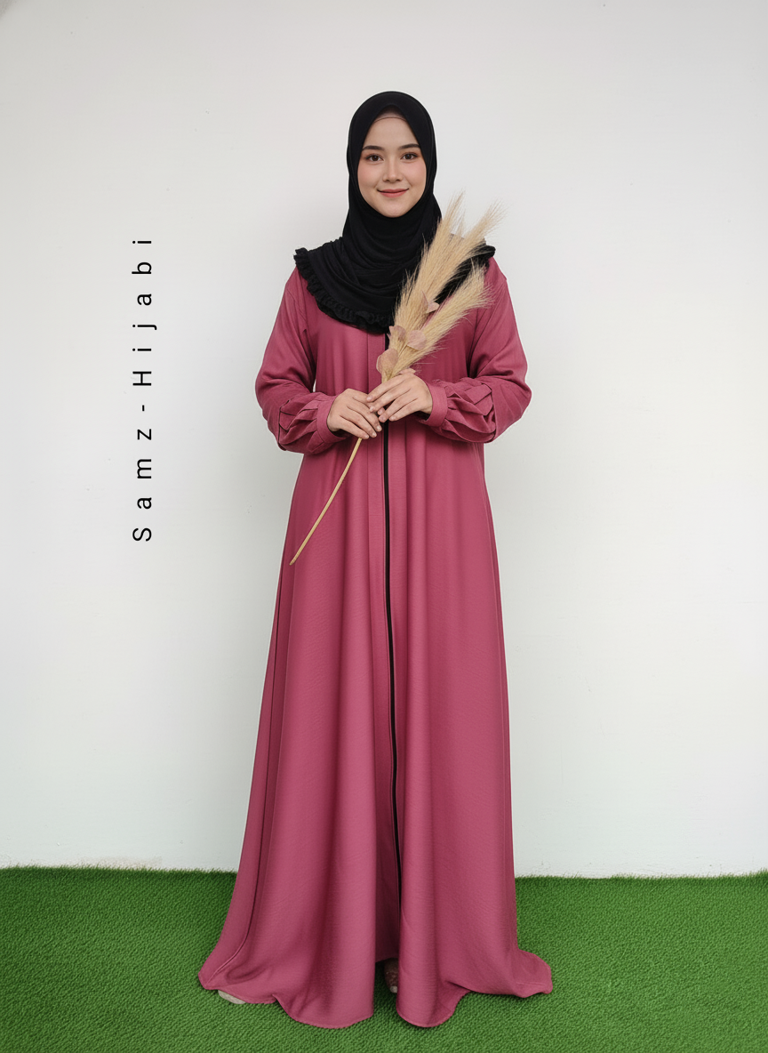 Zipper Plated Sleeves Abaya _Rose Pink