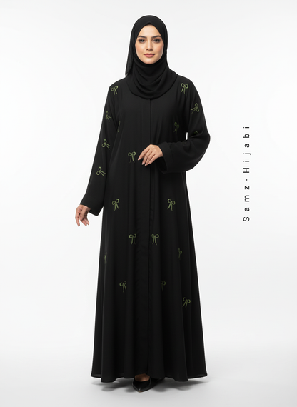 Bow Embroidered Front-Open Abaya- Black 3
