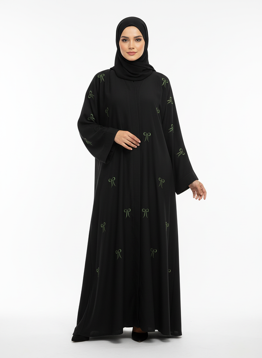 Bow Embroidered Front-Open Abaya- Black 3
