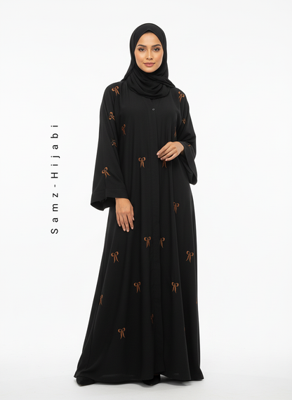 Bow Embroidered Front-Open Abaya- Black 2