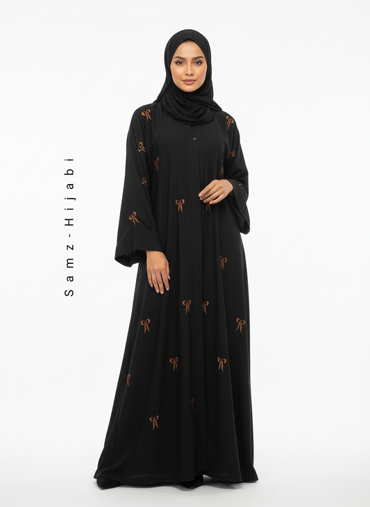 Bow Embroidered Front-Open Abaya- Black 2