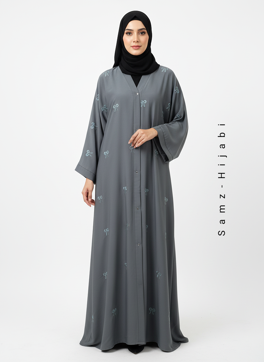 Bow Embroidered Front-Open Abaya- Grey