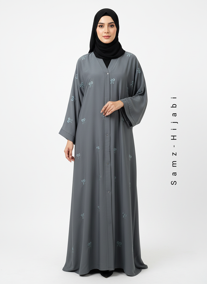 Bow Embroidered Front-Open Abaya- Grey