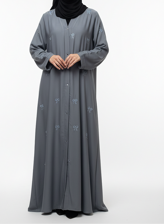 Bow Embroidered Front-Open Abaya- Grey