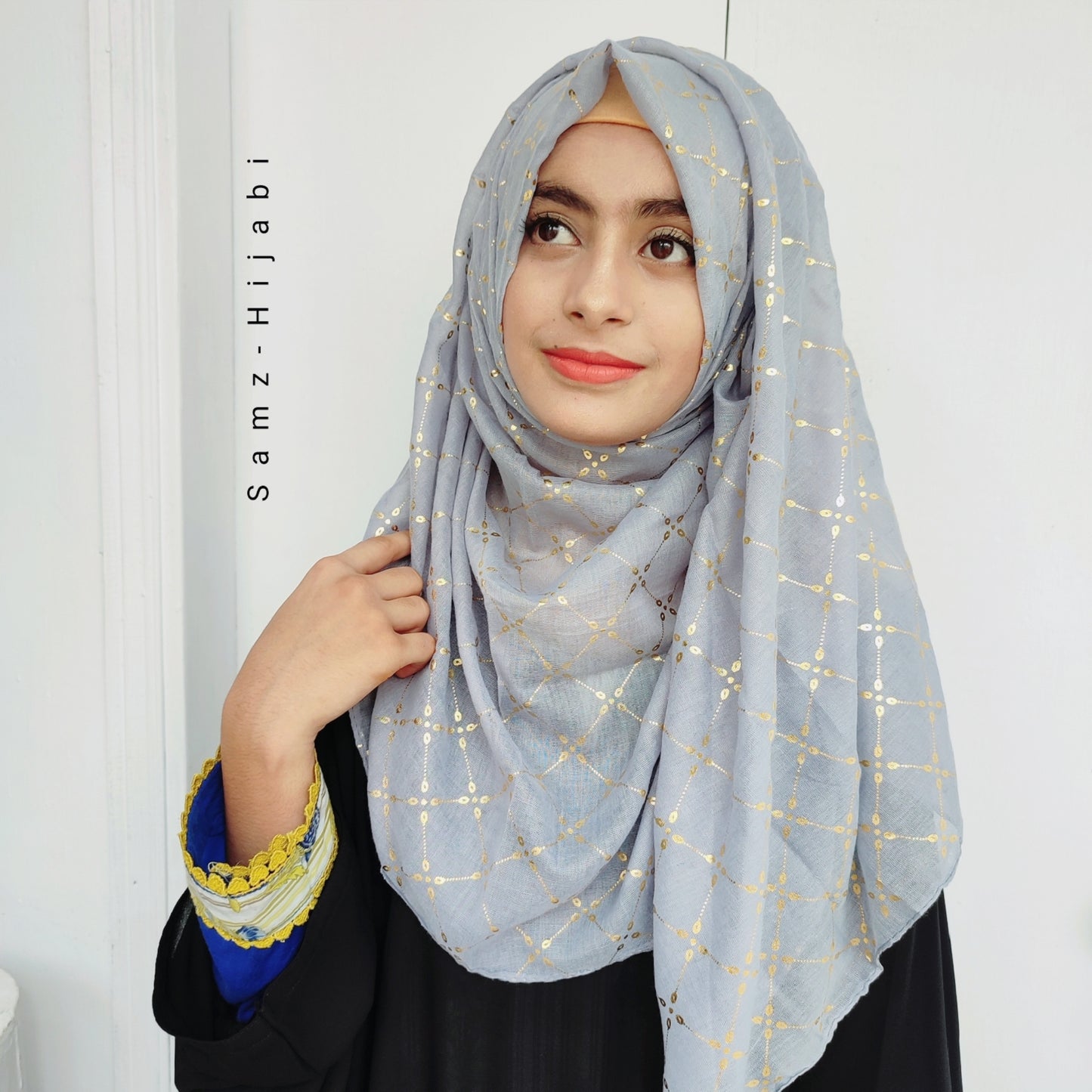 Lux Gold Foil Lawn Hijab-Grey