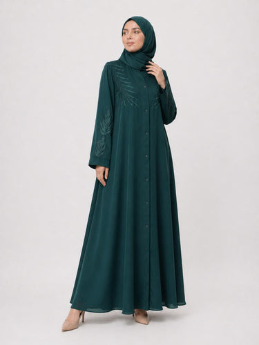 Palm Leaf Embroidered Front Open Abaya-Green