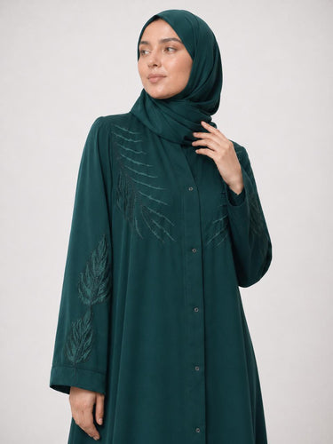 Palm Leaf Embroidered Front Open Abaya-Green