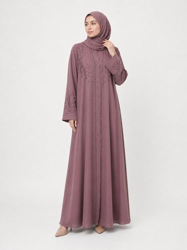 Palm Leaf Embroidered Front Open Abaya-Pink