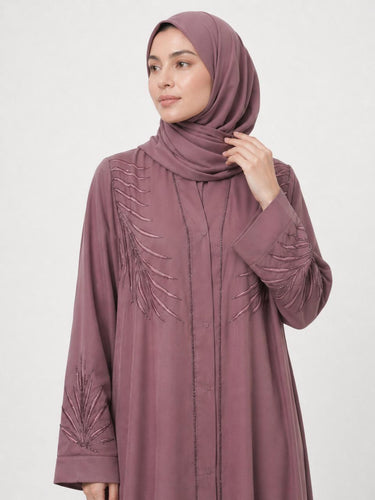 Palm Leaf Embroidered Front Open Abaya-Pink