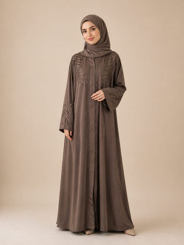 Palm Leaf Embroidered Front Open Abaya-Brown