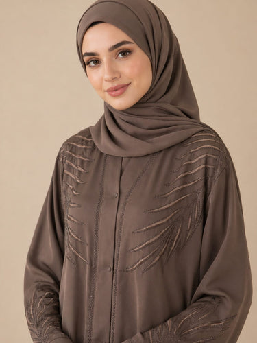 Palm Leaf Embroidered Front Open Abaya-Brown