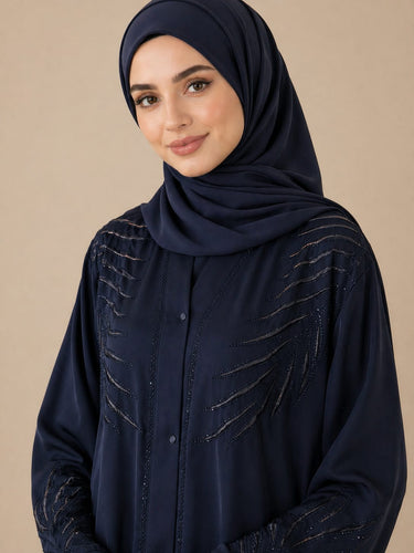 Palm Leaf Embroidered Front Open Abaya-Blue