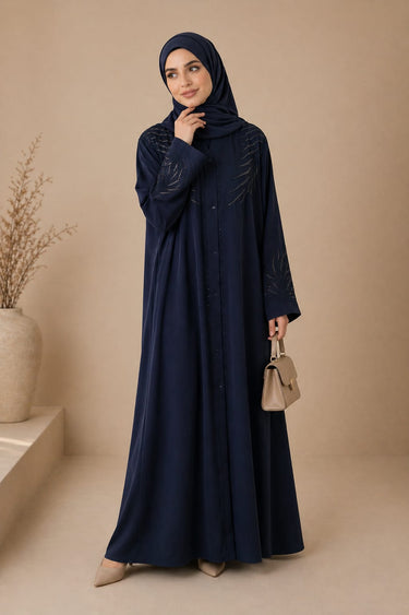Palm Leaf Embroidered Front Open Abaya-Blue