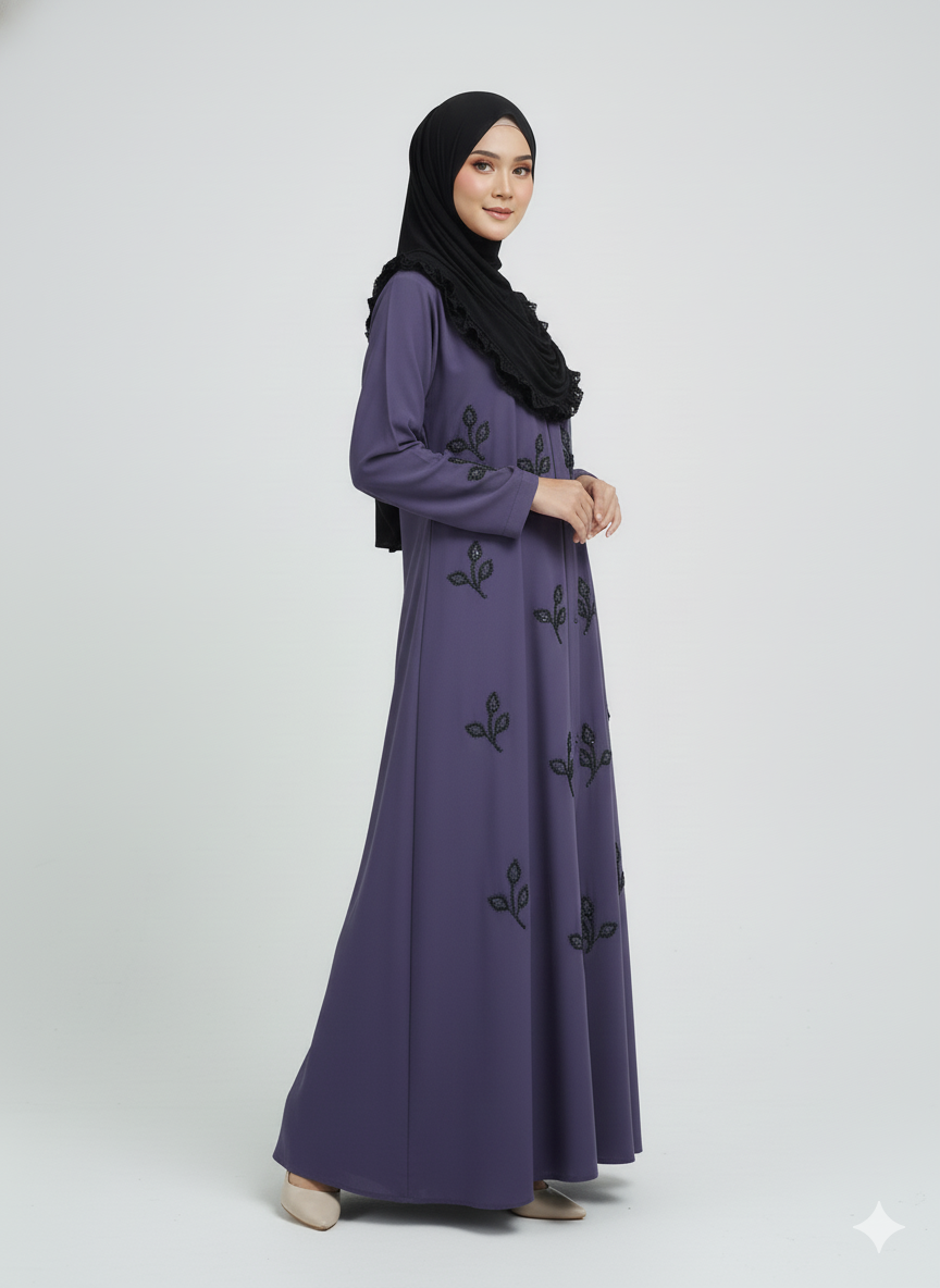 Stone Beads Work Abaya Set- Ink Blue