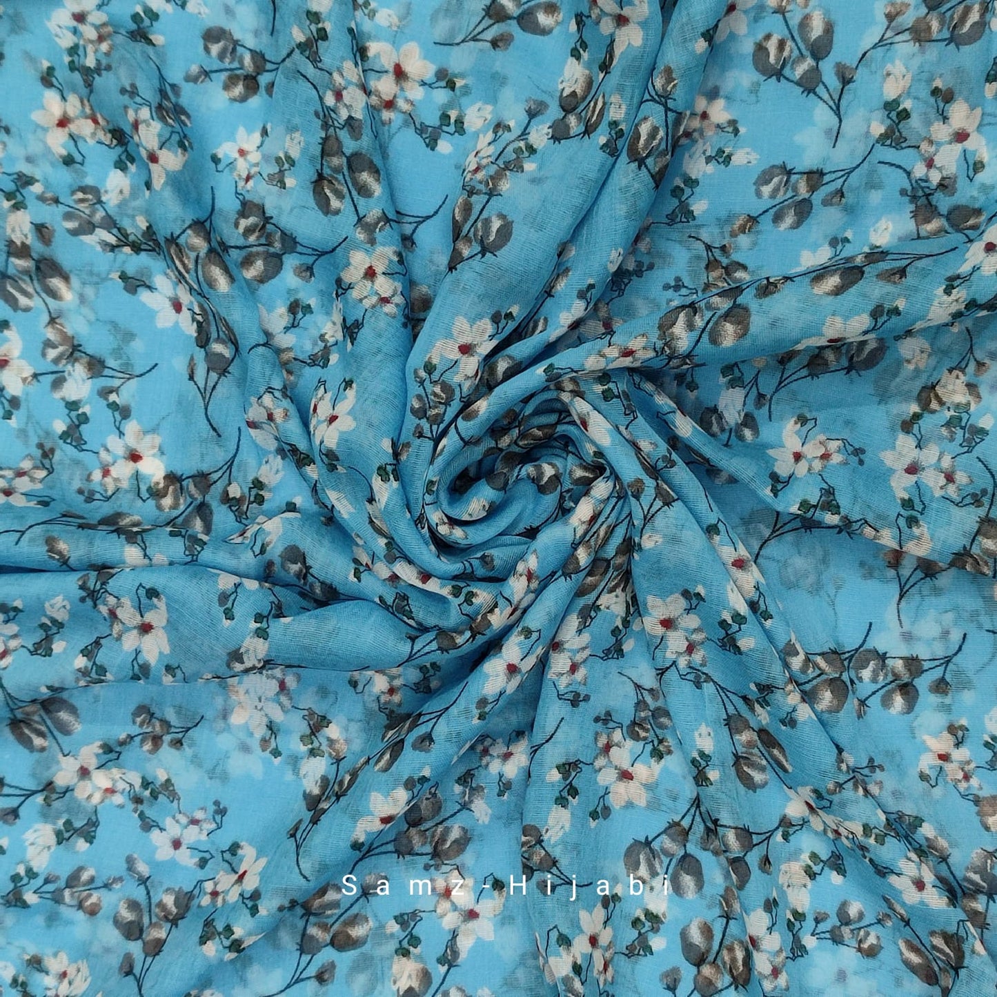 Tiny Flora Printed Lawn Hijab - Sky blue